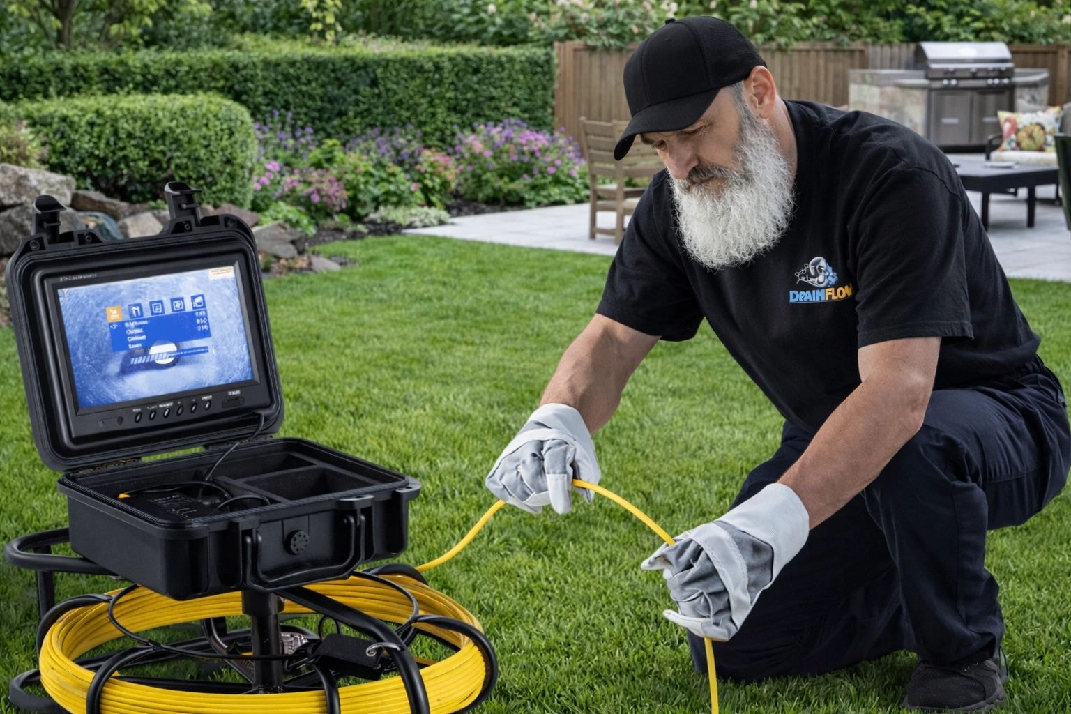 Technician operating drain camera inspection equipment