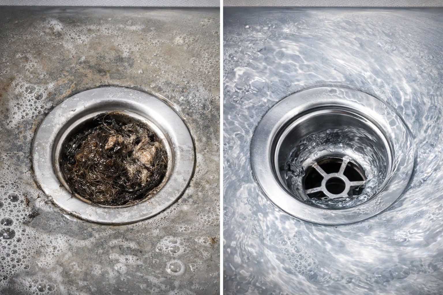 Clogged drain before and after cleaning